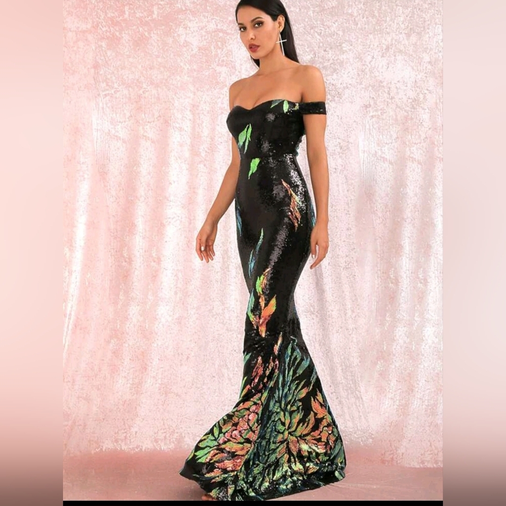 NWT-Love & Lemonade Sequin  Mermaid Gown Black Sweetheart Off Shoulder Size L - Picture 3 of 9